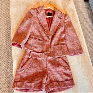 Chanel style pink tweed jacket and shorts